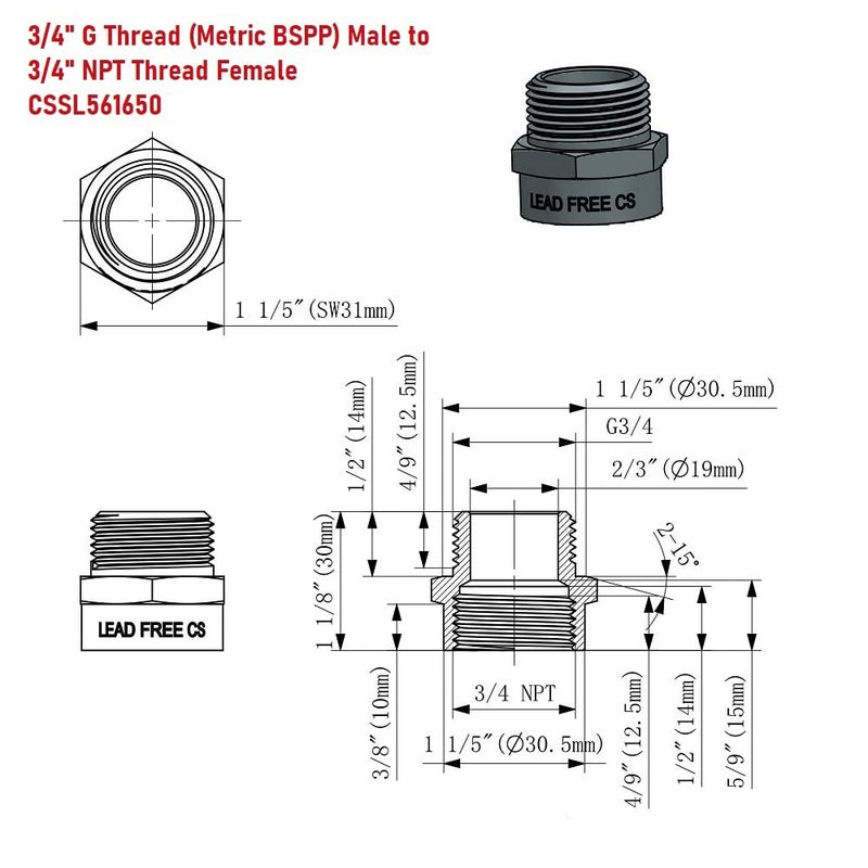 Cascada Showers G Thread (British BSPP) Male to NPT Thread Female Pipe Fitting Adapter - Lead-Free Adapter (3/4 inch) - Image 3